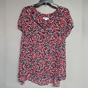 Liz Claiborne Women's Xl Sheer Blouse Red White Blue Shortsleeve Tunic